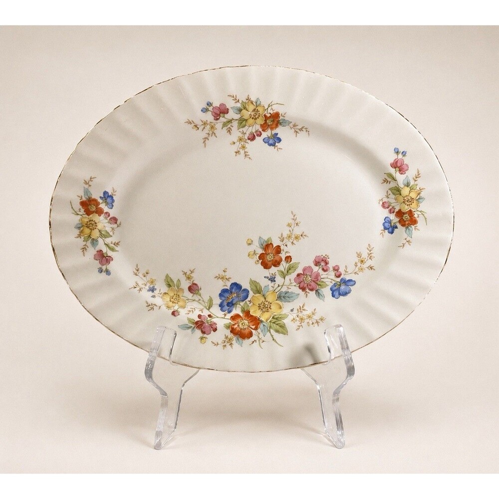 VTG Edwin M Knowles Floral Oval Serving Platter Gold Trim Ivory China 11.5”